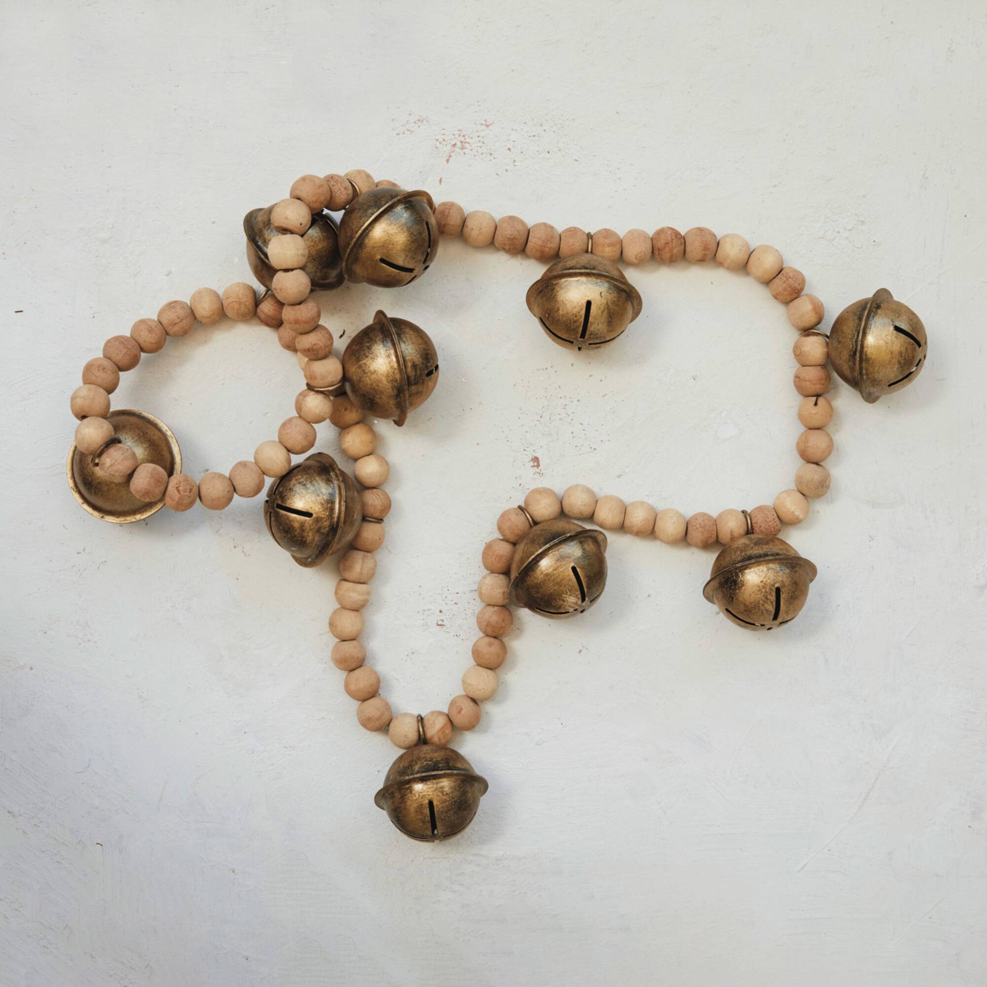 Hello Honey® 2.75ft. Antique Gold Finish Wood Bead & Metal Bell Garland